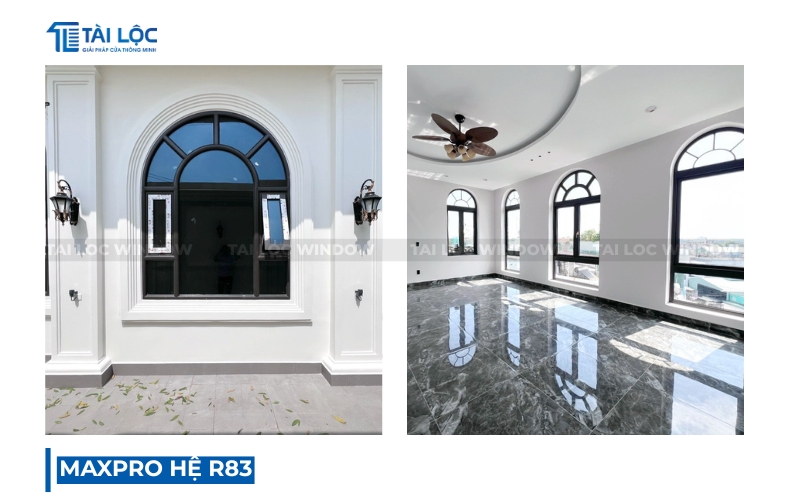 Mẫu cửa sổ hệ R83 uốn vòm hiện đại Mẫu cửa sổ hệ R83 uốn vòm hiện đại