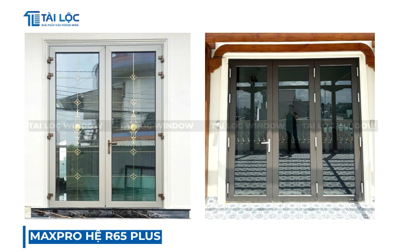 Hệ R65Plus cửa mở quay màu Champagne kết hợp kính hộp nan đồng Hệ R65Plus cửa mở quay màu Champagne kết hợp kính hộp nan đồng