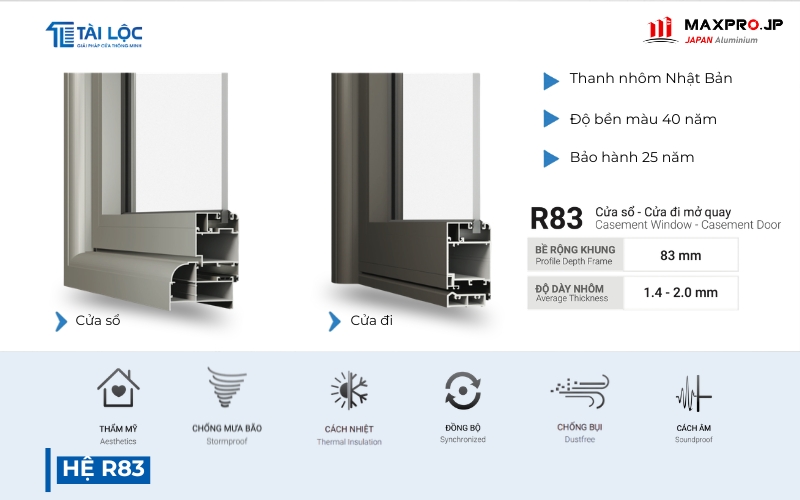 Maxpro JP hệ 83 có thiết kế đường nét bo tròn thẩm mỹ Maxpro JP hệ 83 có thiết kế đường nét bo tròn thẩm mỹ