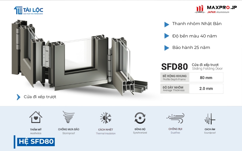 Cửa nhôm Maxpro hệ SFD80 chuyên dùng cho cửa xếp trượt Cửa nhôm Maxpro hệ SFD80