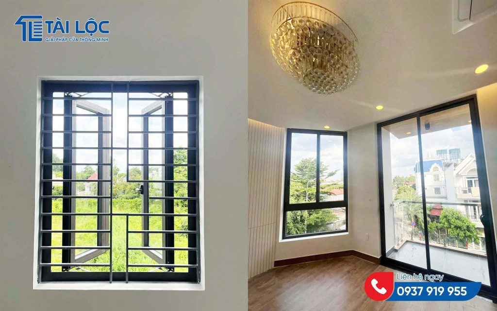 Mẫu cửa sổ mở quay kết hợp thanh chắn song cửa nhôm xingfa