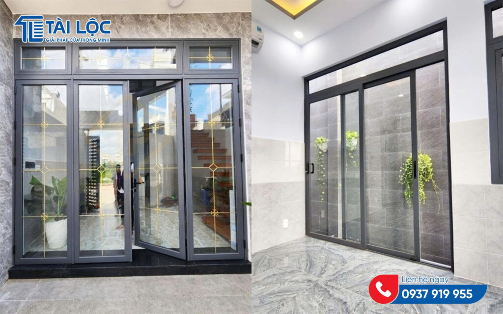 Cửa đi Xingfa mở quay kính nan đồng và cửa mở trượt lùa cho ban công Cửa đi Xingfa mở quay kính nan đồng và cửa mở trượt lùa cho ban công