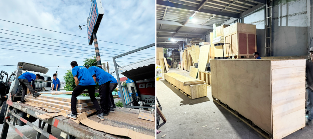 Vận chuyển và đóng pallet gỗ cửa nhôm xuất khẩu sang Úc Vận chuyển và đóng pallet gỗ cửa nhôm xuất khẩu sang Úc